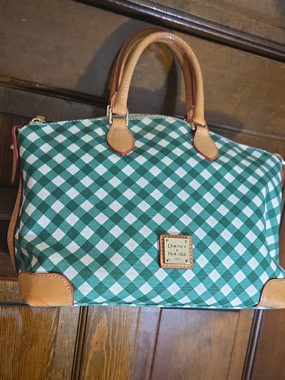 Dooney & Bourke Green Gingham Satchel with Tan Trim